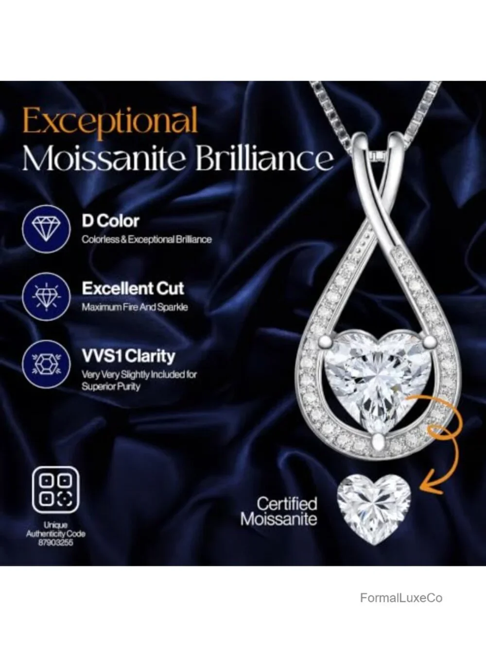 Moissanite Infinity Heart Pendant Necklace 925 Sterling Silver 1ct